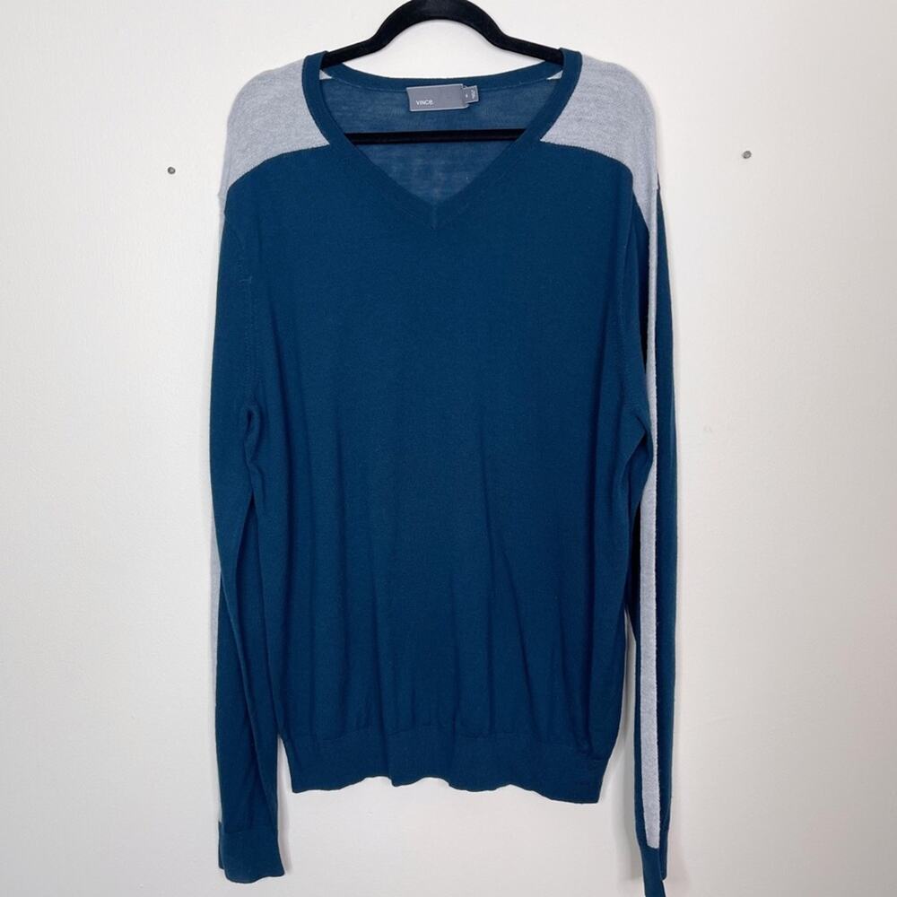 Vince Mens XLarge XL Blue Teal Gray Wool Stripe Sleeve Colorblock VNeck Sweater